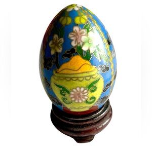 VTG Cloisonné Enamel Metal Floral Egg with Wood Stand